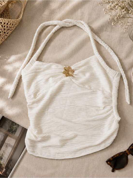 Tops - White Halter Textured Tank Top with Gold Accent